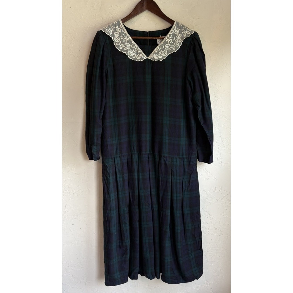 Vintage 80s Laura Ashley Wool Tartan Plaid Drop Waist Dress 12 Lace Collar UK
